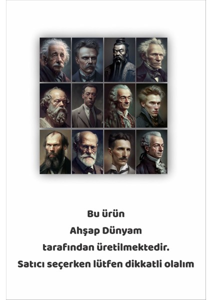 12 Parça Bilim Adamları ve Filozoflar Görsel Çerçeve Görünümlü Mdf Tablo Duvar Süsü Hediyelik Eşya