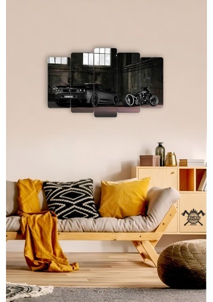 Siyah Motor Araba 5 Parçalı Mdf Tablo Hediyelik Eşya