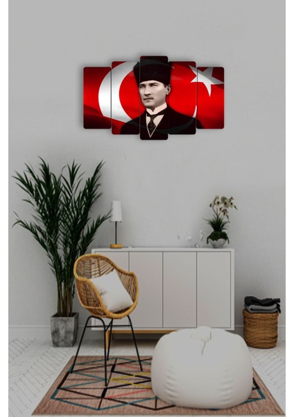 Atam Atatürk Bayrak 5 Parçalı Mdf Tablo Hediyelik Eşya
