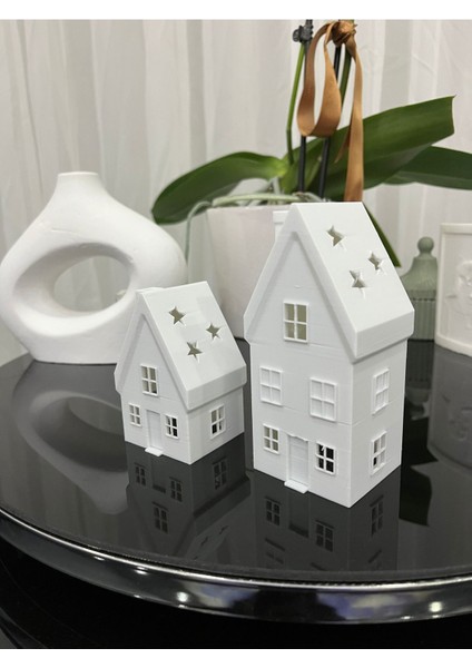 2'li Set Kış Evi, Noel Evi, Yılbaşı Evi Temalı Dekoratif Süs ve Obje, Tealight LED Mumlar Dahil indirimleri