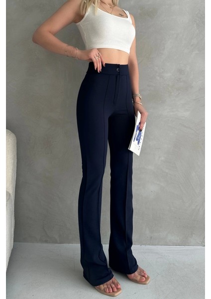 Kadın Lacivert Büyük Beden Krep Kumaş Likralı Ön Çimalı Ispanyol Paça Pantolon