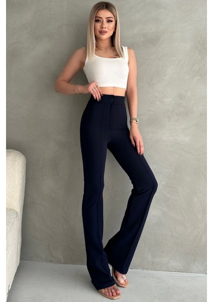 Kadın Lacivert Büyük Beden Krep Kumaş Likralı Ön Çimalı Ispanyol Paça Pantolon modelleri
