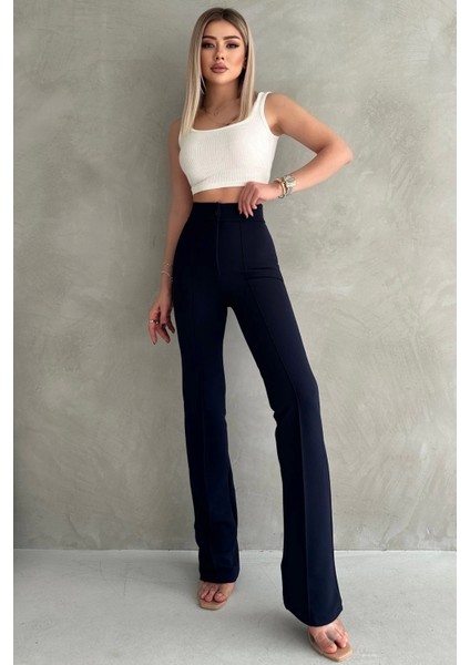 Kadın Lacivert Büyük Beden Krep Kumaş Likralı Ön Çimalı Ispanyol Paça Pantolon fırsatları