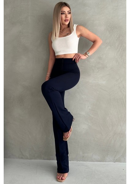 Kadın Lacivert Büyük Beden Krep Kumaş Likralı Ön Çimalı Ispanyol Paça Pantolon indirimleri
