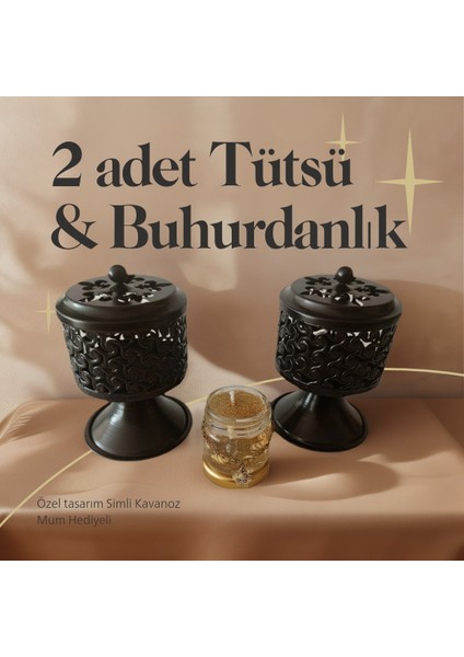 2 Adet Siyah Renk Şık Tasarımlı Metal Tütsü & Buhurdanlık Seti (Simli Mum Hediyeli) Mod1