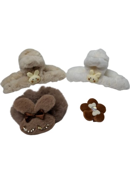 Peluş Tavşan Figürlü 2 Renk Mandal Toka Zirkon Taşlı Simit Toka Papatya Figürlü Pens Toka 4 Lü Set