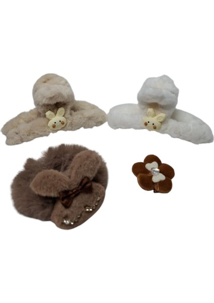 Peluş Tavşan Figürlü 2 Renk Mandal Toka Zirkon Taşlı Simit Toka Papatya Figürlü Pens Toka 4 Lü Set fiyatları