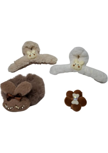 Peluş Tavşan Figürlü 2 Renk Mandal Toka Zirkon Taşlı Simit Toka Papatya Figürlü Pens Toka 4 Lü Set modelleri