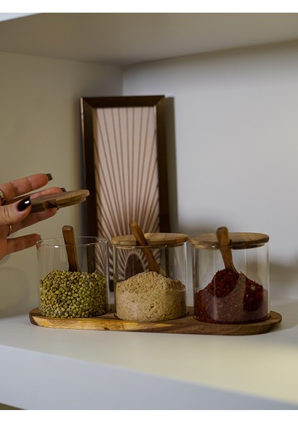 BadeHome Decoration 3'lü Akasya Cam Baharat Seti (Kaşık&stand Dahil)