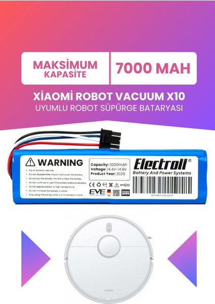 Xiaomi Robot Vacuum X10 Uyumlu Batarya (MAKSİMUM KAPASİTE) 7000mah Pil Robot Süpürge Bataryası