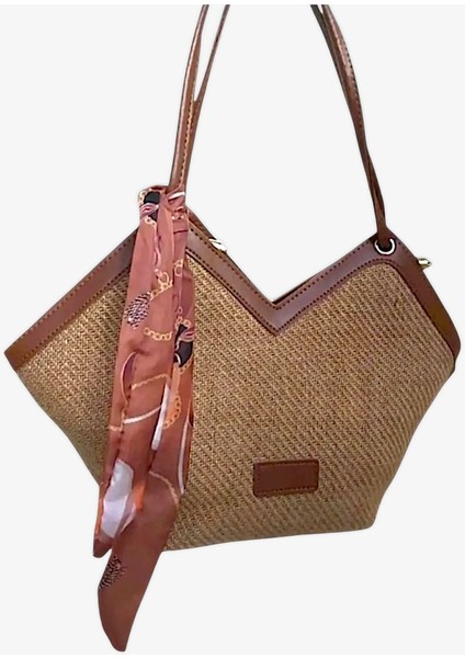 RBE Fularlı Simetrik Astarlı Hasır Kadın Çanta