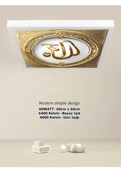 Ev Gold Baskılı Lüks Avize, 60 x 60 cm LED Panel, 60WATT Modern Lamba, Beyaz Işık, 6400 Kelvin, fırsatları