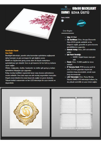 60 x 60 LED Panel, Gold Baskı Lüks Avize, 60WATT, LED Armatür, Baskılı LED Panel, 6400K, BEYAZ Işık indirimleri