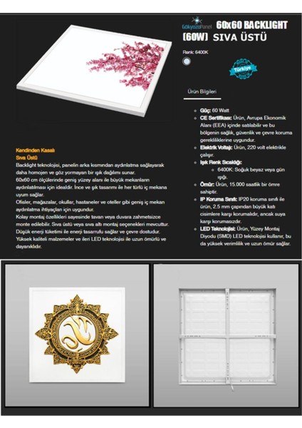 Gold Baskı Modern Avize, 60 x 60 LED Panel, 60WATT, LED Armatür, Baskılı LED PANEL, 6400K, BEYAZ Işık indirimleri