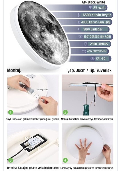 Moon LED Aplik, 30 cm Çap, LED 25WATT, Duvar Aplik, Yatak Odası Aplik, Duvar Lambası, Aplik Modelleri