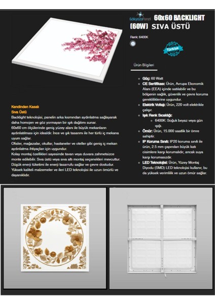 60 x 60 LED Armatür, Gold Baskı Lüks Avize, 60WATT, LED Panel, Baskılı LED Panel, 6400K,BEYAZ Işık, modelleri