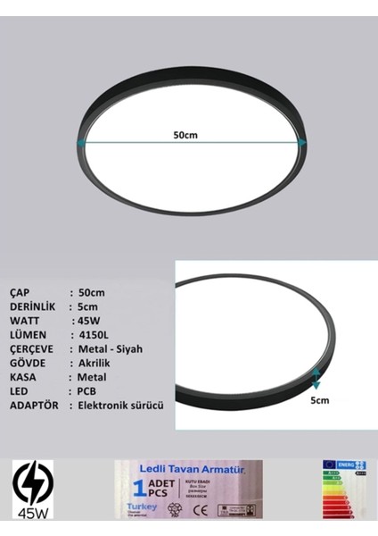 Black LED Panel, Yuvarlak, Ledli Armatür, 50 cm -45WATT, Siyah Çerçeve, 6500K-BEYAZ-IŞIK-LED-ARMATÜR modelleri