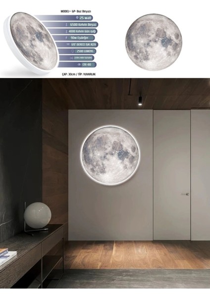 Modern Aplik-Moon LED 30 cm Çap 25WATT, Ay LED Aplik, Avize Kolay Montaj Yuvarlak Ay