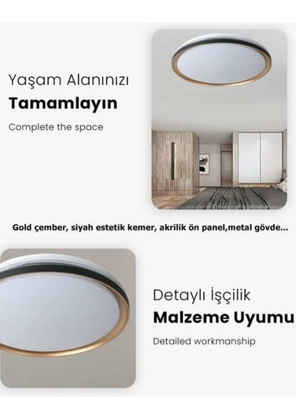 Gold 50 cm Avize, 45WATT, Beyaz Işık, Yuvarlak Gold Çerçeve, LED Avize, Modern Ev Lamba