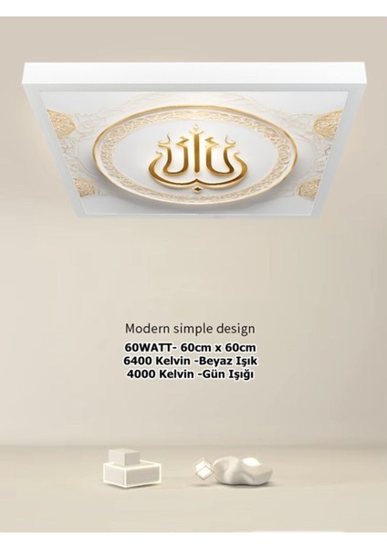 Salon LED Avize, Gold Baskı Modern LED Armatür, 60 cm x 60 cm Kare, 60WATT, Beyaz Işık, LED Armatür,