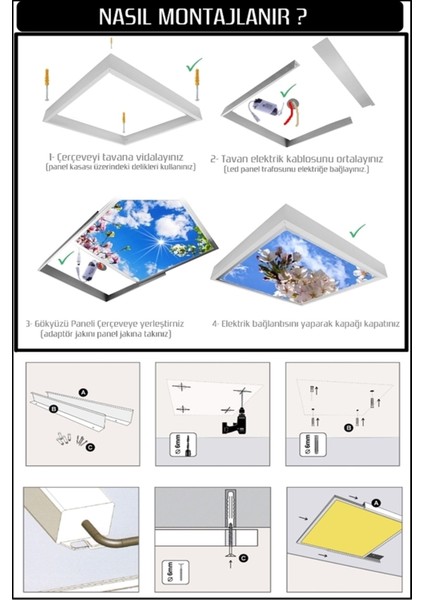 1 x 1-TEKLI-60 x 60-TAVANA Yapışık LED PANEL-54W-SIVA Üstü Avize-Kolay Montaj-Bulutlu- LED