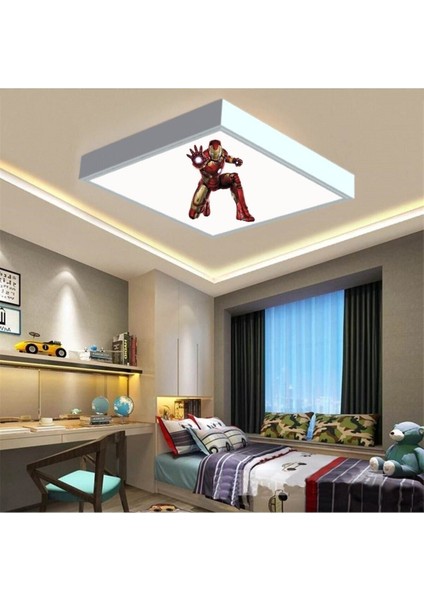 Iron Man Çocuk Odası LED Avize 60 x 60 Baskılı-Beyaz Çerçeve LED Işık Kolay Montaj 60W Homojen Dağılım
