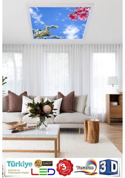 Çiçekli Gökyüzü Baskılı Avize - 60WATT, 60 x 60 Avize,yeni Nesil Aydınlatma, Kare Modern LED Lamba