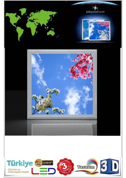 Çiçekli Gökyüzü Baskılı Avize - 60WATT, 60 x 60 Avize,yeni Nesil Aydınlatma, Kare Modern LED Lamba