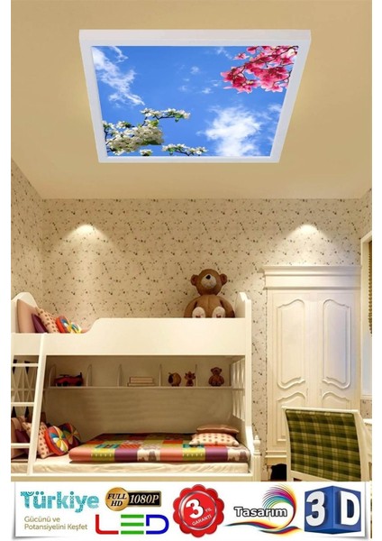 Çiçekli Gökyüzü Baskılı Avize - 60WATT, 60 x 60 Avize,yeni Nesil Aydınlatma, Kare Modern LED Lamba