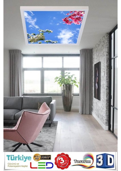 Çiçekli Gökyüzü Baskılı Avize - 60WATT, 60 x 60 Avize,yeni Nesil Aydınlatma, Kare Modern LED Lamba