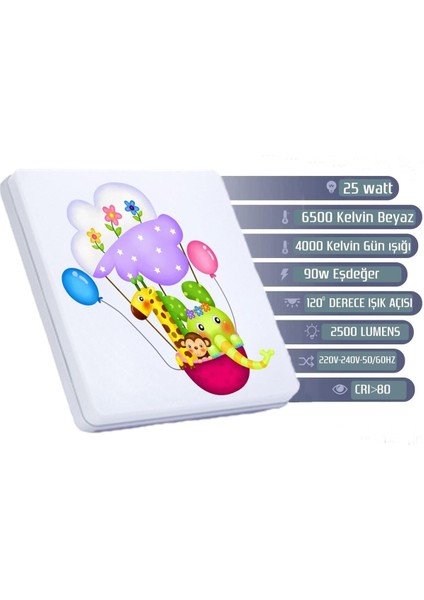 Lüks Çocuk Odası Avize 25WATT-30 cm x 30 cm Lüks LED Aydınlatma, Hayvan Dostlar Çocuk Odası Avize