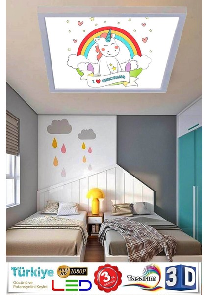 Unicorn Bebek Odası Avize Kare Beyaz ÇERÇEVE,60WATT Beyaz Işık, Çocuk LED Aydınlatma,