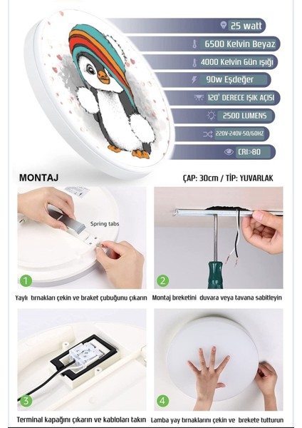 Sevimli Penguen Avize-Led AVIZE-25WATT-30 cm x 30 cm ,ÇOCUK Odası Avize, Avize Modelleri,avize