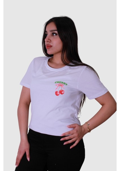 Kiraz Baskı Beyaz Kadın T-Shirt Model 3
