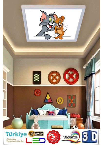 Çocuk Yatak Odası Avize Tom ve Jerry Ledli Avize 60WATT Beyaz Işık, Modern Çerçeve, LED 60 x 60 Avize