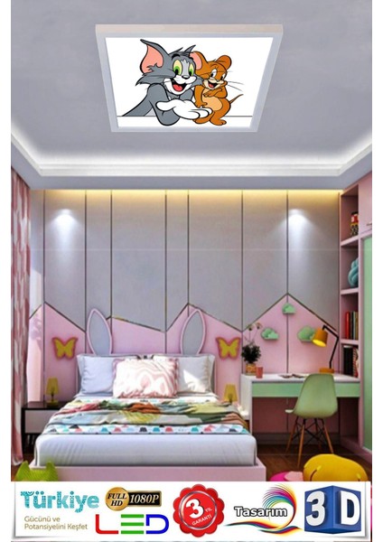 Çocuk Yatak Odası Avize Tom ve Jerry Ledli Avize 60WATT Beyaz Işık, Modern Çerçeve, LED 60 x 60 Avize modelleri