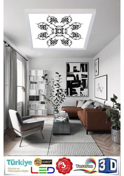Desenli Panel Avize 60W LED Tavan Aydınlatma 60 cm x 60 cm Beyaz Modern Çerçeve