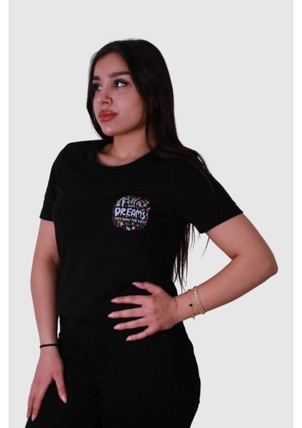 Follow Dream Baskı Siyah Kadın T-Shirt Model 6