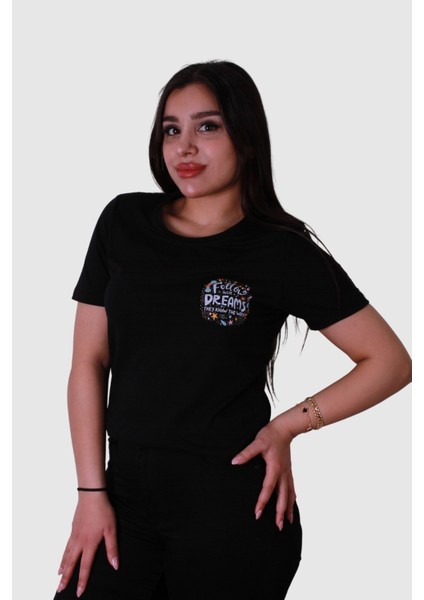 Follow Dream Baskı Siyah Kadın T-Shirt Model 6