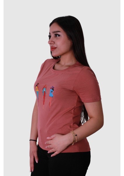 Üç Kadın Baskı Gül Kurusu Kadın T-Shirt