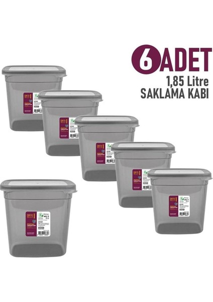 6 Adet 1,85 Litre Dikdörtgen Saklama Kabı, Bakliyat Kutusu, 6'lı Saklama Kabı Antrasit