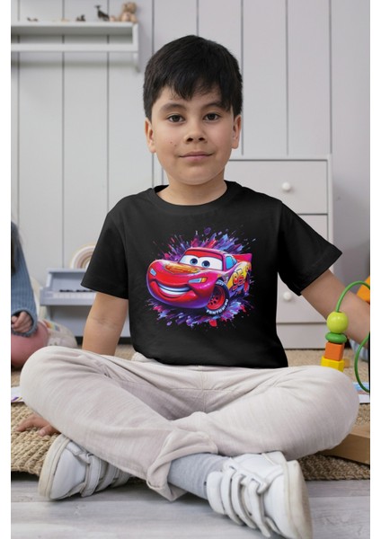 Cars Mcqueen Çocuk Tshirt Siyah Şimşek Arabalar Tişört