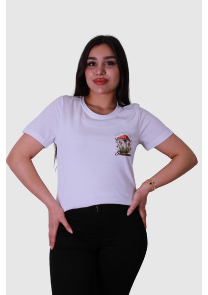 Mantar Baskı Beyaz Kadın T-Shirt
