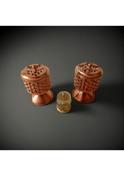 Bronz Renk 2 Adet Şık Tasarımlı Metal Tütsü & Buhurdanlık Seti (Simli Mum Hediyeli) Mod2