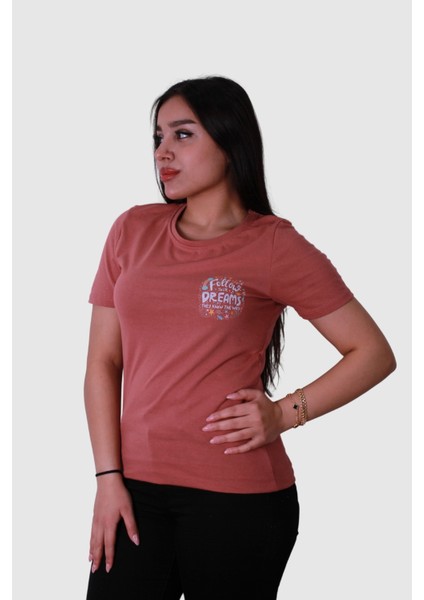 Follow Dream Baskı Gül Kurusu Kadın T-Shirt Model 6