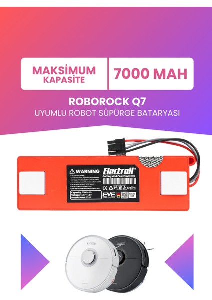 Roborock Q7 Uyumlu Batarya (MAKSİMUM KAPASİTE) 7000mah Pil Robot Süpürge Batarya Değişimi