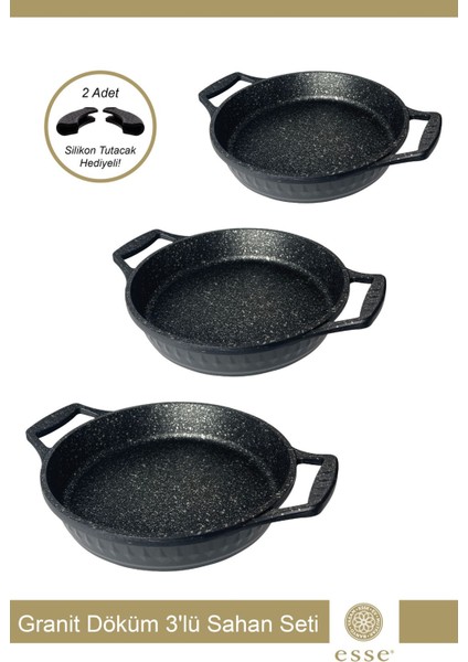 Granit Döküm 3'lü Sahan Tava Seti Siyah 18 Cm/20 Cm/22 cm E007