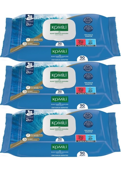 Islak Havlu Mendil 90 Yaprak Okyanus Esintisi (3 Lü Set) Pratik Kapaklı (270 Yaprak)