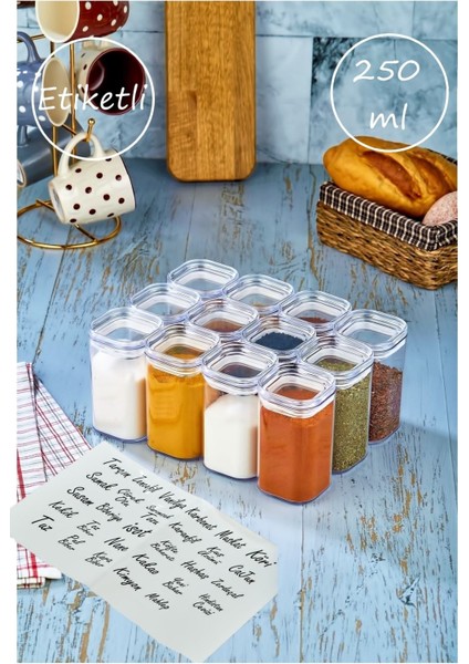 Etiketli 12'li Akrilik Baharatlık Kavanoz 250 ml Saklama Kabı