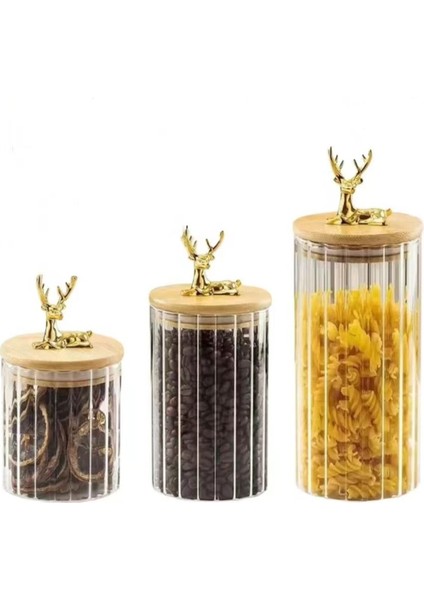 3'lü Borosilikat Cam Geyik Figürlü Şık Çizgili Cam Kavanoz Mutfak Seti 500-750-1000 ml